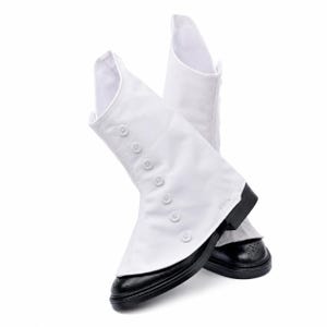 May include: A pair of white fabric spats with a side button closure, featuring seven small white buttons arranged vertically. The spats are worn over black leather shoes with a rounded toe and decorative perforated brogue detailing at the front.