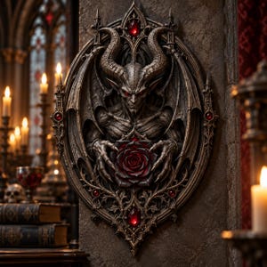 May include: An oval wall plaque featuring a sculpted winged demon with horns and red eyes, holding a dark red rose. The frame is dark metallic with intricate gothic detailing and embedded red gemstones, set against a textured stone surface.