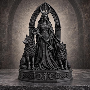 Op de afbeelding: Een donkergrijs standbeeld met een centrale figuur met capuchon die een grote sleutel vasthoudt, geflankeerd door twee wolven. De figuur staat onder een spitsboog versierd met maansikkel-symbolen. De basis is achthoekig met blad- en sleutelmotieven.