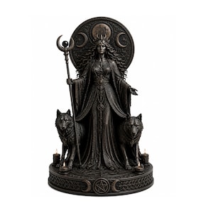 May include: A dark bronze statue of a woman with long hair, wearing a long dress and holding a staff. Two wolves flank her, and candles are lit at their feet. A circular backdrop features crescent moons. The base has a pentagram.