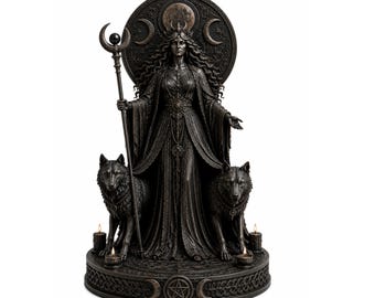 Puede incluir: Estatua de bronce oscuro de una mujer con cabello largo, vestida con un vestido largo y sosteniendo un bastón. Dos lobos la flanquean, y hay velas encendidas a sus pies. Un fondo circular presenta lunas crecientes. La base tiene un pentagrama.