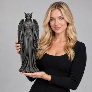Könnte beinhalten: Eine mattschwarze Statue einer geflügelten Figur, die einen Kopfschmuck mit kleinen Flügeln trägt. Die Figur ist in ein langes, fließendes Gewand gekleidet und hält ein vertikales Schwert in der rechten und eine Waage in der linken Hand.