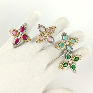 Dual Tone Oxidized Brass Ring | Adjustable Boho Statement Ring | Pear Stone Floral Cross Ring | Mint Aqua Ruby Green Pink Gift for Her