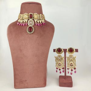 Antique Gold Bridal Choker Necklace Set Ruby Pink Indian Statement Necklace Peacock Wedding Jewelry Choker with Long Earrings