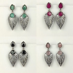 Ohrringe im Vintage-Boho-Stil aus oxidiertem Silber mit Marquise-Form, Messing, mintgrün, rubinrot, pink und schwarz, antik-indische Statement-Ohrringe