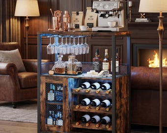 Wine Bar Cabinet with Lights – Minimalist Brown Wood 3 Tier, Adjustable Shelves Glass Holders, Buffet Sideboard, Housewarming Gift