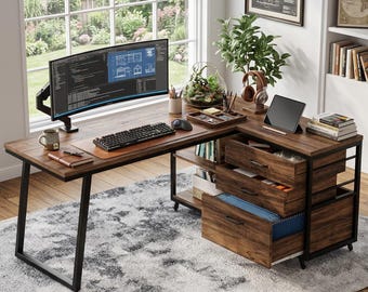 53" L-Shaped Desk 3 Drawers Shelves | Industrial Home Office PC Desk Small Space | Rustic Brown Computer Desk | WFH Desk Gift