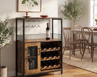 Minimalist Wine Bar Cabinet 3 Tier – Vintage Buffet Sideboard Glass Holder Adjustable Shelves, Kitchen Dining Bar Storage, Housewarming Gift