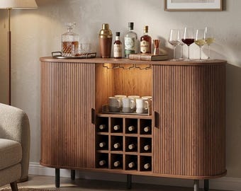 Wine Bar Cabinet LED Light | Liquor Coffee Bar Walnut Buffet Sideboard | Wine Rack Glass Holder | Home Bar Cabinet | Housewarming Gift
