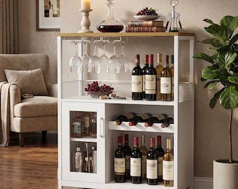 Wine Bar Cabinet White – Minimalist Wood 3 Tier Adjustable Shelves Glass Holders, Buffet Sideboard, Home Bar Gift Housewarming
