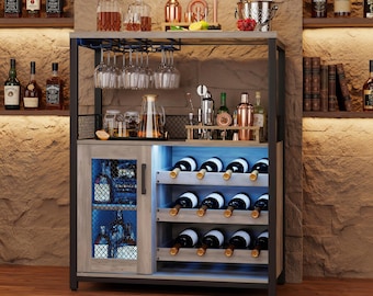 Wine Bar Cabinet Grey with Lights – 3 Tier Adjustable Shelves Glass Holders, Illuminated Buffet Sideboard, Home Bar Gift