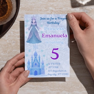 May include: A birthday invitation with a Frozen theme. The invitation features a cartoon princess, a castle, and the text "Join us for a Frozen Birthday! Princess Emanuela is turning 5". The date and time are also included.