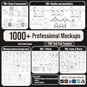 May include: A digital collection of 1000+ professional apparel mockups featuring black and white line drawings of shoes, hoodies, sweatshirts, activewear, formal wear, t-shirts, pants, and shorts. Includes text labels for categories and software icons.