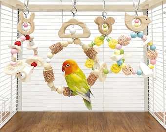 Natural Wood Parrot Swing Toy, Bird Chewable Perch with Loofah & Rattan, Hanging Cage Accessory for Budgie, Cockatiel