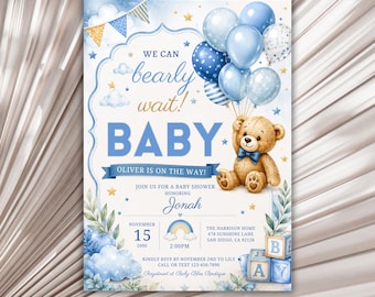 Blue Teddy Bear Baby Shower Invitation, We Can Bearly Wait Baby Boy Invite, Balloon Nursery Theme, Editable Canva Template