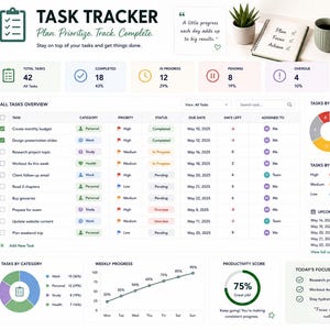 May include: A digital task tracker dashboard interface displaying a list of tasks, project names, priority levels, status indicators, and due dates. The layout includes summary cards for total, completed, in-progress, pending, and overdue tasks.