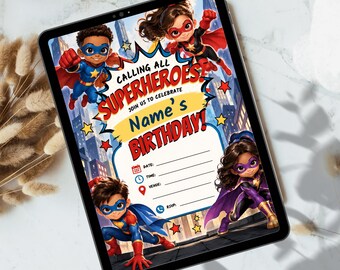 Bewerkbare Canva-sjabloon voor een superheldenverjaardagskaart, uitnodiging voor een superheldenfeestje voor kinderen, printbare verjaardagskaart met stripboekthema, uitnodiging voor een jongen of meisje