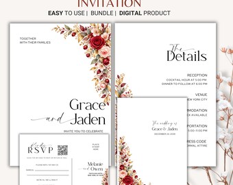 Editable Wedding Invitation Template Bundle, Red Rose Floral Wedding Invite, Details Card, RSVP Card, Canva Printable Wedding Stationery