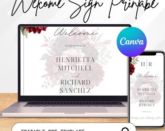 Plantilla de cartel de bienvenida para bodas / Cartel floral burdeos para bodas / Plantilla editable de Canva