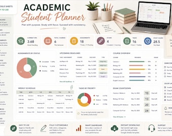 Modèle de feuille de calcul Google Sheets pour agenda étudiant, planificateur d'études, suivi des devoirs, organisateur pour les études supérieures et scolaires