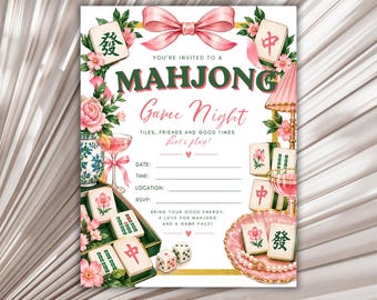 Mahjong Game Night Invitation Template, Floral American Mahjong Party Invite, Pink Green Mahjong Invitation, Editable Canva Invite
