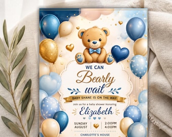 Zaproszenie na baby shower "We Can Bearly Wait", zaproszenie na baby shower dla chłopca w kolorze niebiesko-złotym z misiem, szablon z balonem, zaproszenie do druku