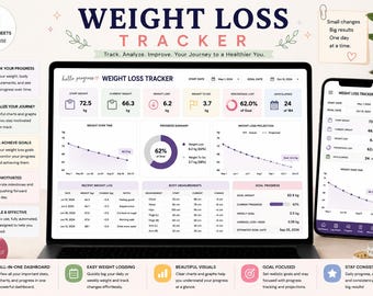 Abnehm-Tracker Tabelle Excel Google Sheets Abnehm-Journal Täglich Wöchentlich Fitness Tracker Gesundheit Wellness Planer Habit Tracker