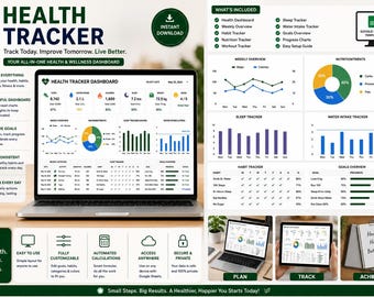 Gesundheits-Tracker Google Sheets Vorlage, Wellness-Planer, Habit Tracker, Fitness Dashboard, Ernährung & Wasser Tracker