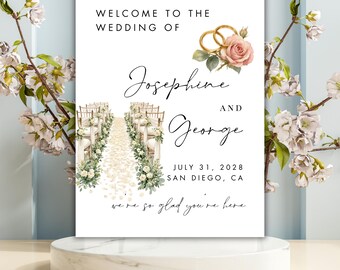 Plantilla de cartel de bienvenida para bodas / Cartel de boda editable en Canva / Decoración floral para la recepción de la boda