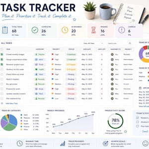 May include: A digital task tracker dashboard interface displaying a list of tasks, project names, priority levels, status indicators, and due dates. The layout includes summary cards for total, completed, in-progress, pending, and overdue tasks.