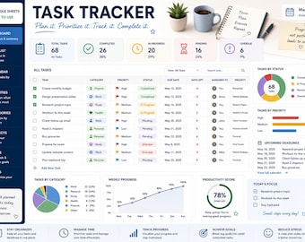 Outil de suivi des tâches Google Sheets, tableau de bord de gestion de projet, planificateur de listes de tâches, gestionnaire de tâches d'équipe, outil de planification de la productivité