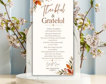 Plantilla de tarjeta de oración de Acción de Gracias / Letrero de mesa "Agradecido" / Decoración de Acción de Gracias editable en Canva