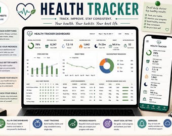 Modèle Google Sheets de suivi de santé, planificateur de bien-être, suivi des habitudes, tableau de bord de fitness, suivi de la nutrition et de l'hydratation