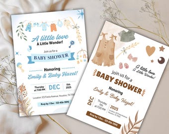 Szablon zaproszenia na baby shower w stylu boho, zaproszenie na baby shower A Little Love A Little Wonder, niebieskie, neutralne, neutralne pod względem płci zaproszenie na baby shower
