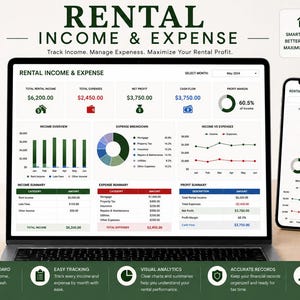 Può includere: Un laptop e uno smartphone mostrano un dashboard dei redditi e delle spese di affitto. Lo schermo mostra dati finanziari, tra cui entrate, spese e profitti. Il testo recita "Rental Income & Expense" e "Google Sheets". Sono visibili anche un blocco note e una penna.