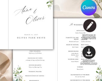 Folded Wedding Program Template | Editable Canva Wedding Ceremony Program | Order of Service Booklet
