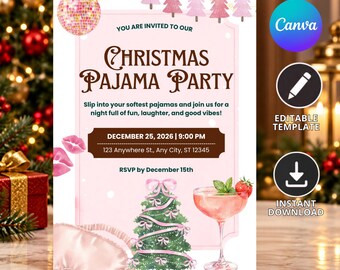 Christmas Pajama Party Invitation | Christmas PJ Party Invite | Editable Canva Template | Holiday Sleepover Invitation