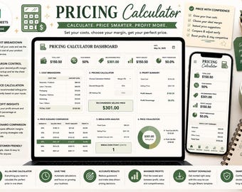 Modèle de calcul de prix pour Google Sheets, feuille de calcul de tarification des produits, calculateur de marge bénéficiaire, outil de tarification Etsy