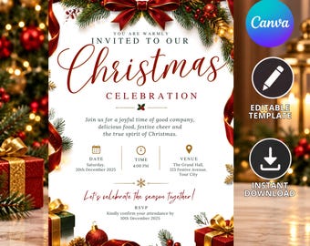 Bewerkbare kerstuitnodiging in Canva-sjabloon, elegante uitnodiging voor een kerstfeest, uitnodiging voor een kerstdiner, feestelijke kerstkaart