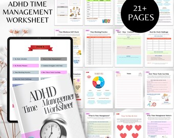 Hojas de trabajo para la gestión del tiempo en personas con TDAH, planificador imprimible para personas con TDAH, cuaderno de ejercicios de bloqueo de tiempo, planificador de funciones ejecutivas, herramientas de productividad para personas con TDAH.