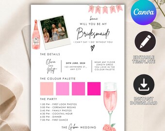 Plantilla de tarjeta para proponer ser dama de honor / ¿Quieres ser mi dama de honor? / Plantilla editable de Canva para proponer ser dama de honor