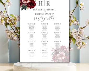 Plantilla de plano de asientos para bodas / Plano de asientos editable en Canva / Elegante plano de mesas para bodas / Letrero floral para la recepción de bodas