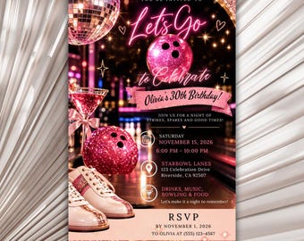 Roze glitter bowling verjaardagskaart, uitnodiging voor een bowlingfeest voor volwassenen, disco bowling verjaardagssjabloon, glamoureuze printbare uitnodiging voor een 30e verjaardag