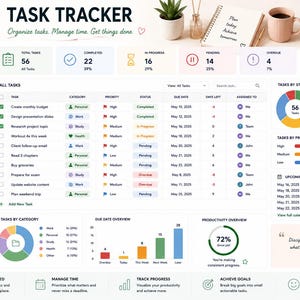 May include: A digital task tracker dashboard interface displaying a list of tasks, project names, priority levels, status indicators, and due dates. The layout includes summary cards for total, completed, in-progress, pending, and overdue tasks.
