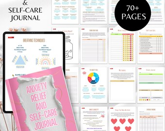 Diario imprimible para aliviar la ansiedad, cuaderno de autocuidado, hojas de trabajo para la ansiedad, planificador de bienestar mental, diario de habilidades de afrontamiento, más de 70 páginas.