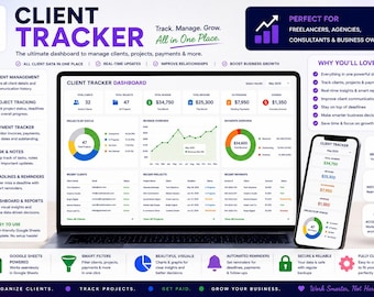 Kunden-Tracker Google Sheets-Vorlage, crm-Spreadsheet, Kundenmangement-Dashboard, Projekt- und Zahlungs-Tracker
