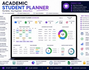 Akademische Studentenplaner Google Sheets Vorlage, Studienplaner, Aufgabentracker, College & Schulveranstalter