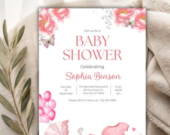 Pink Floral Baby Shower Invitation, Elegant Butterfly Baby Girl Shower Invite, Watercolor Pink Baby Shower Template, Printable Invite