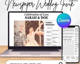 Plantilla editable para periódico de bodas, boletín de bodas en Canva, periódico de historia de amor, programa de boda, periódico nupcial imprimible