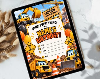 Sjabloon voor een verjaardagskaart met bouwthema, uitnodiging voor een verjaardagsfeest met kiepwagen, uitnodiging voor een feest met graafmachine, printbare verjaardagskaart voor een bouwer